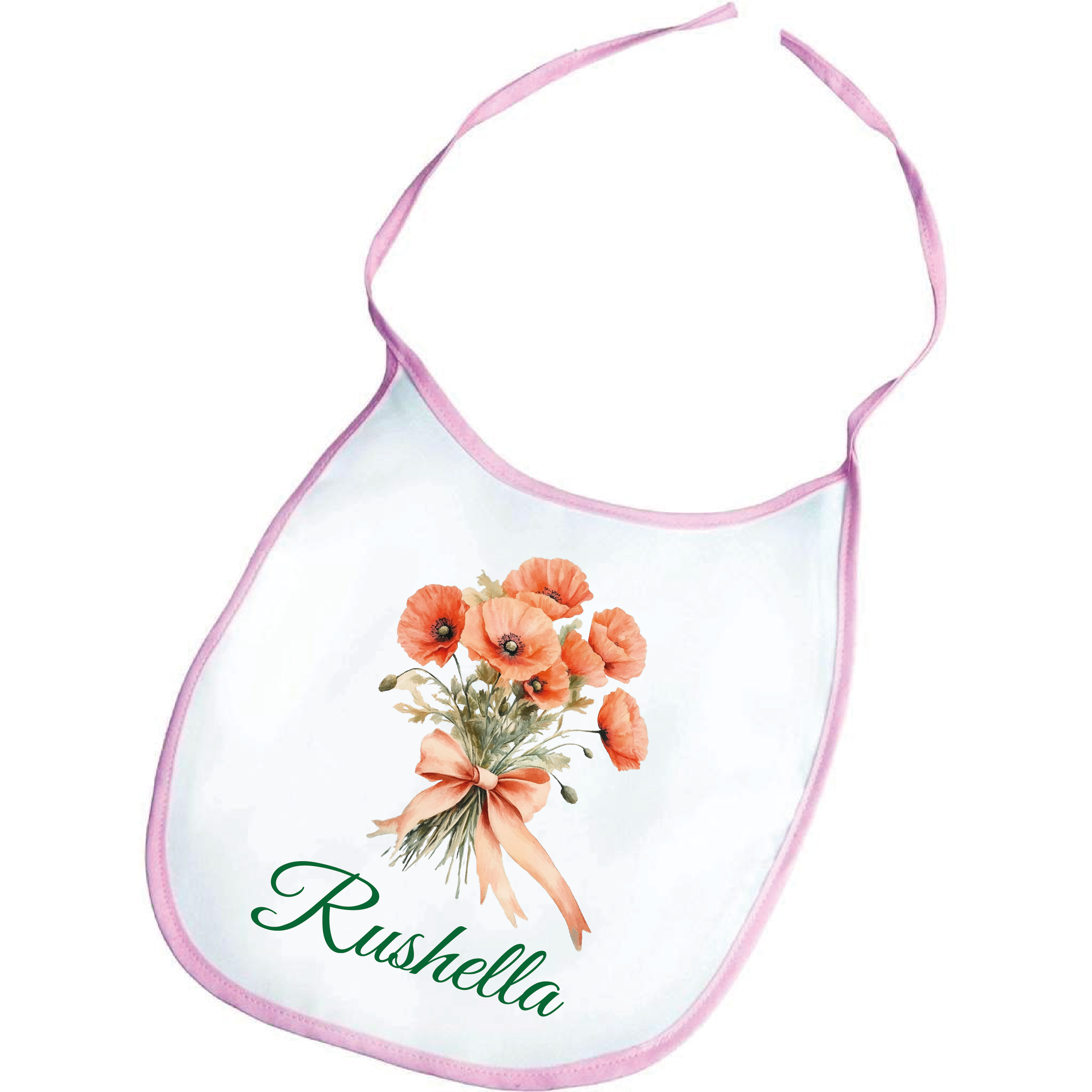 Personalised Birth Flower Baby Bib – Soft Polyester with Pink Trim