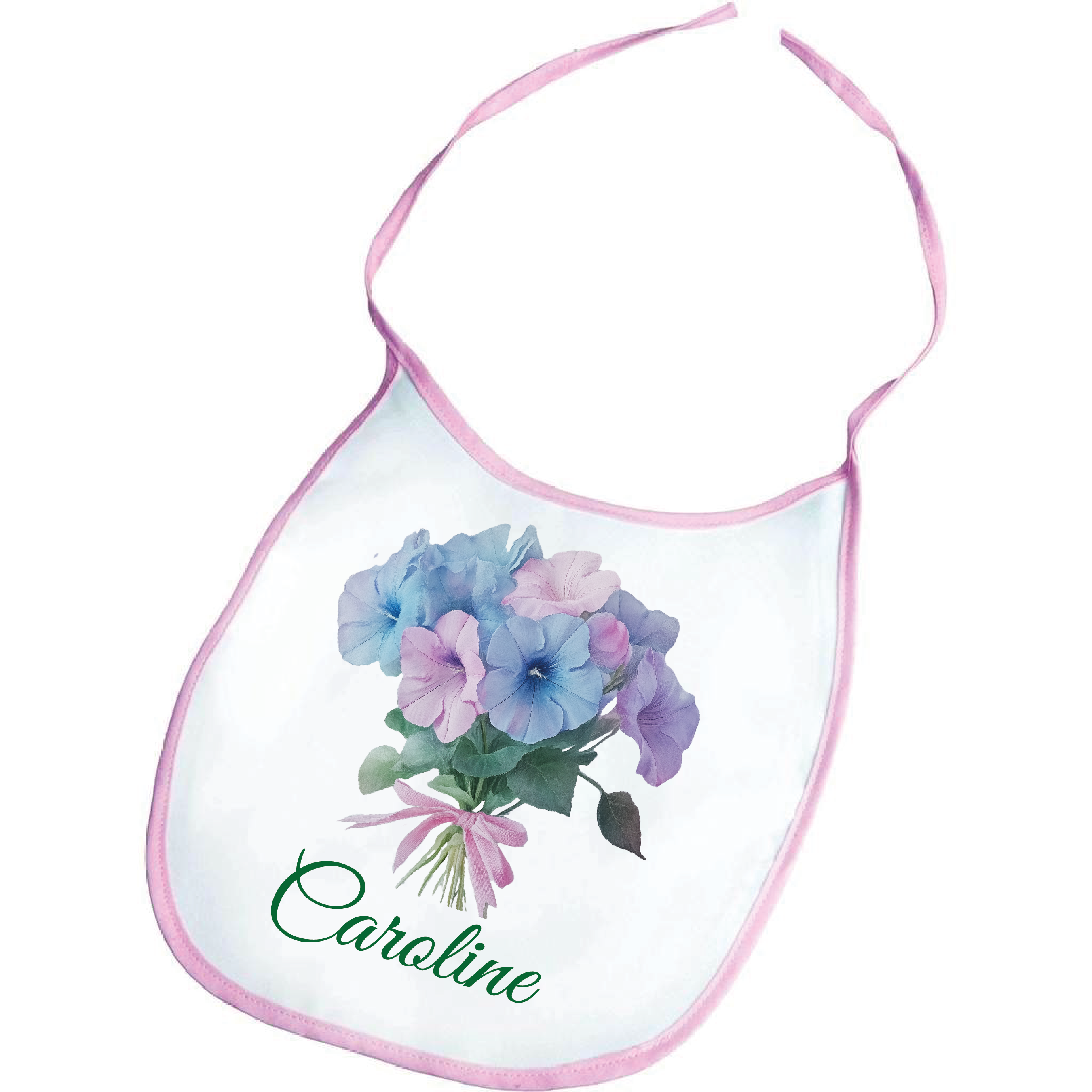 Personalised Birth Flower Baby Bib – Soft Polyester with Pink Trim