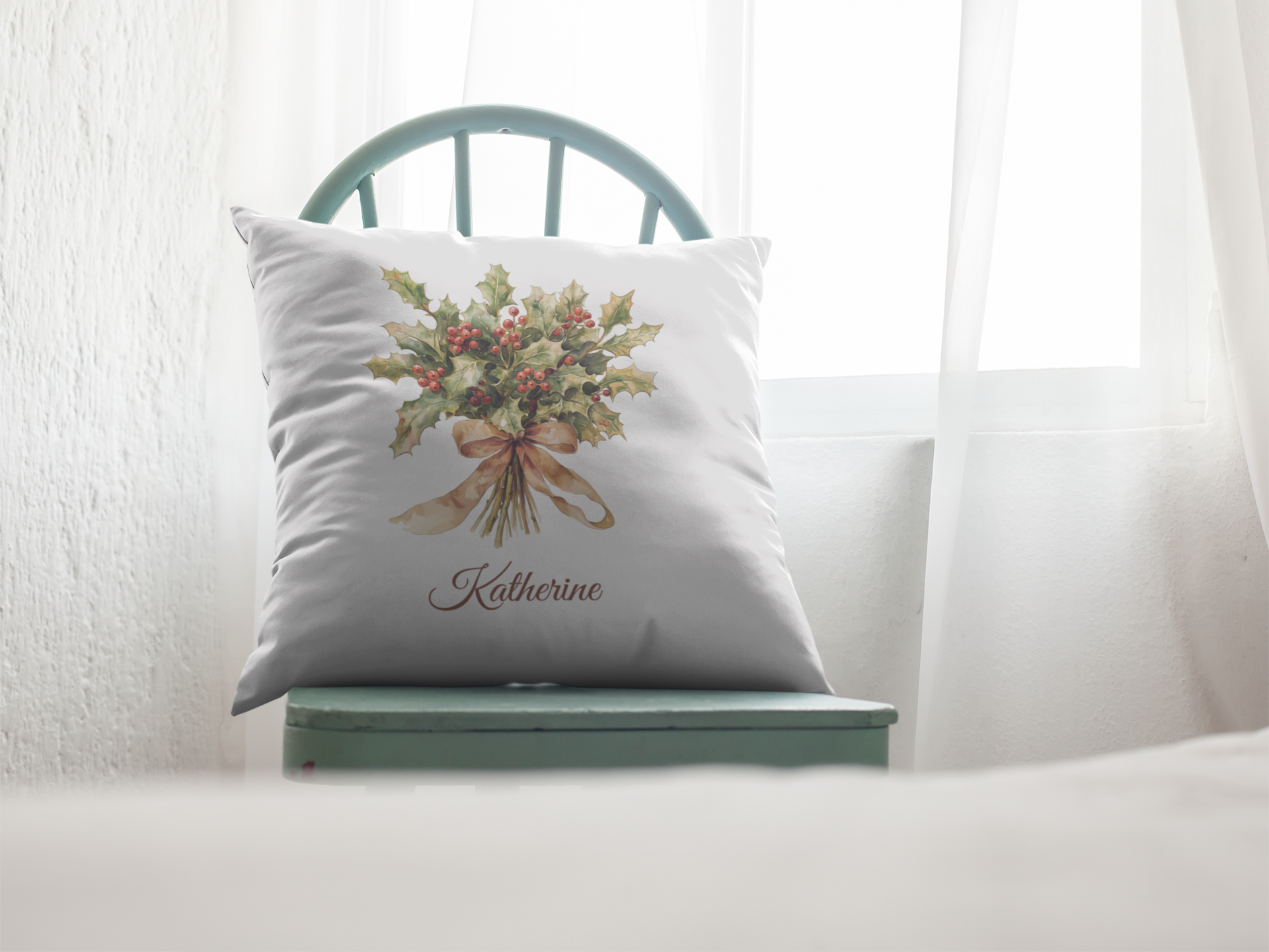 December Personalised Birth Flower Children’s Cushion – 25x25cm Linen