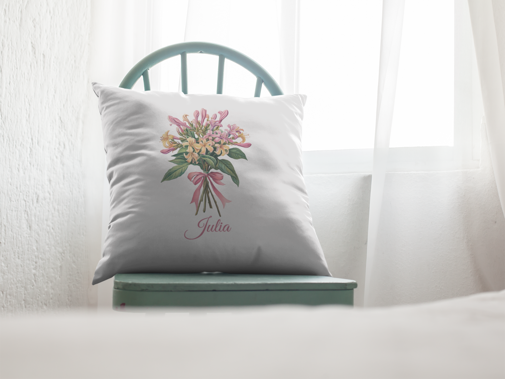 June Personalised Birth Flower Children’s Cushion – 25x25cm Linen