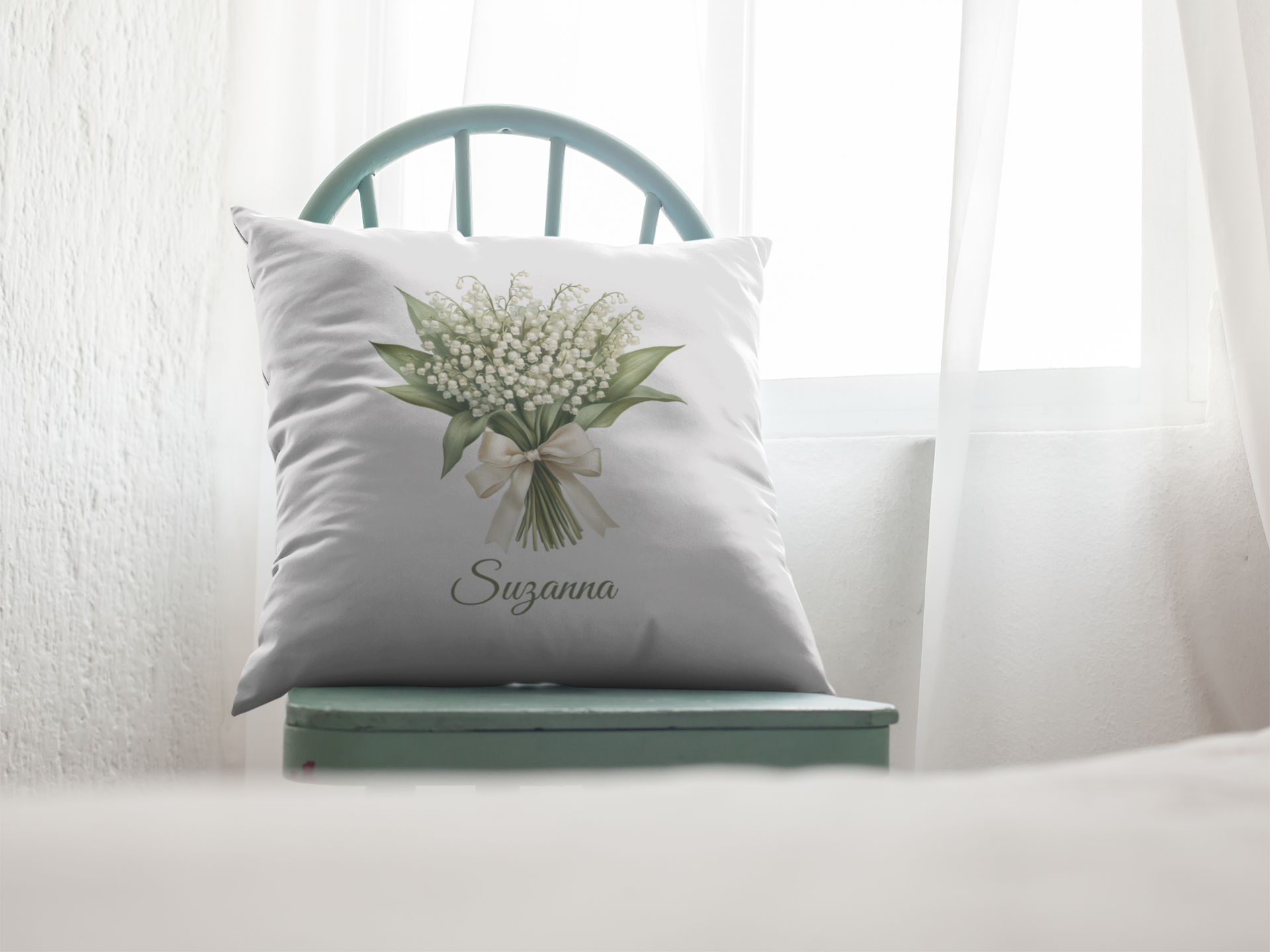 May Personalised Birth Flower Children’s Cushion – 25x25cm Linen