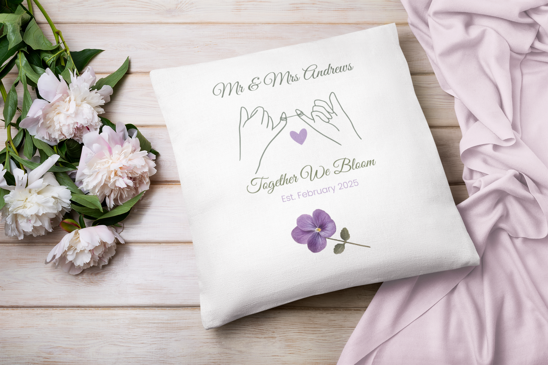February Personalised Mr & Mrs Birth Flower Cushion – 40x40cm