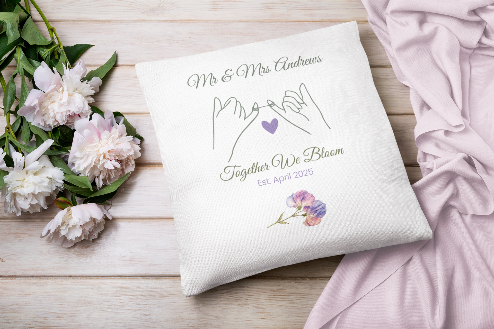 April Personalised Mr & Mrs Birth Flower Cushion – 40x40cm