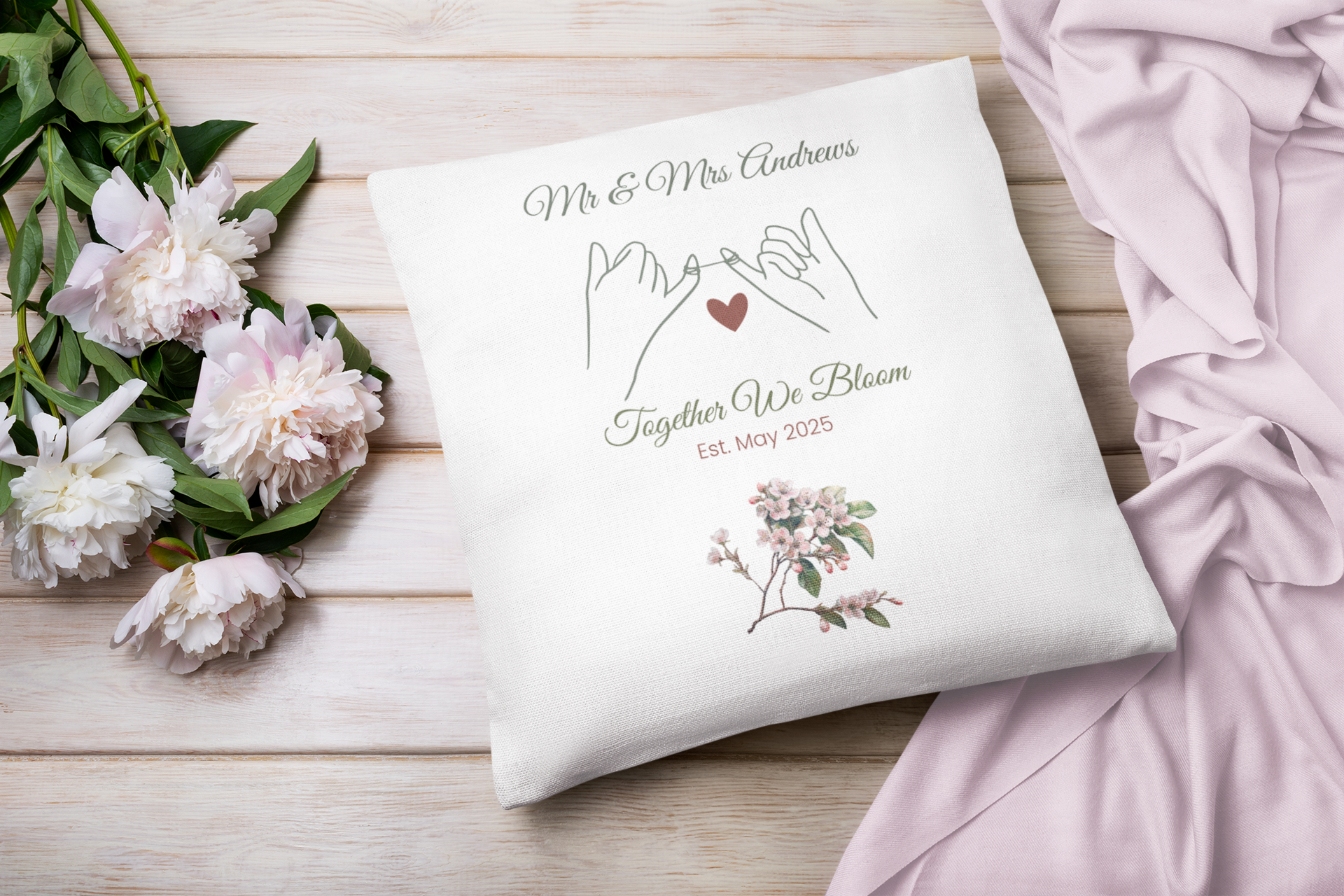 May Personalised Mr & Mrs Birth Flower Cushion – 40x40cm