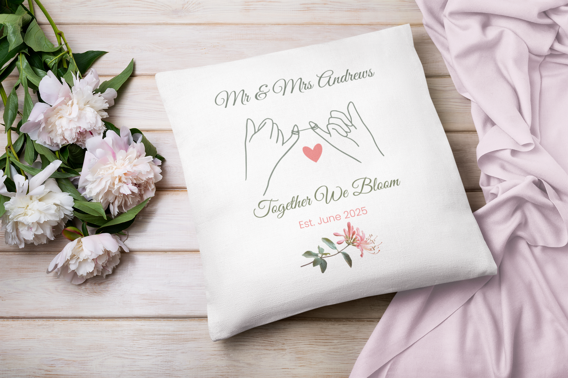 June Personalised Mr & Mrs Birth Flower Cushion – 40x40cm