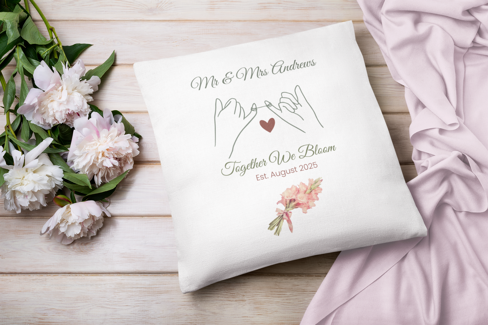 August Personalised Mr & Mrs Birth Flower Cushion – 40x40cm