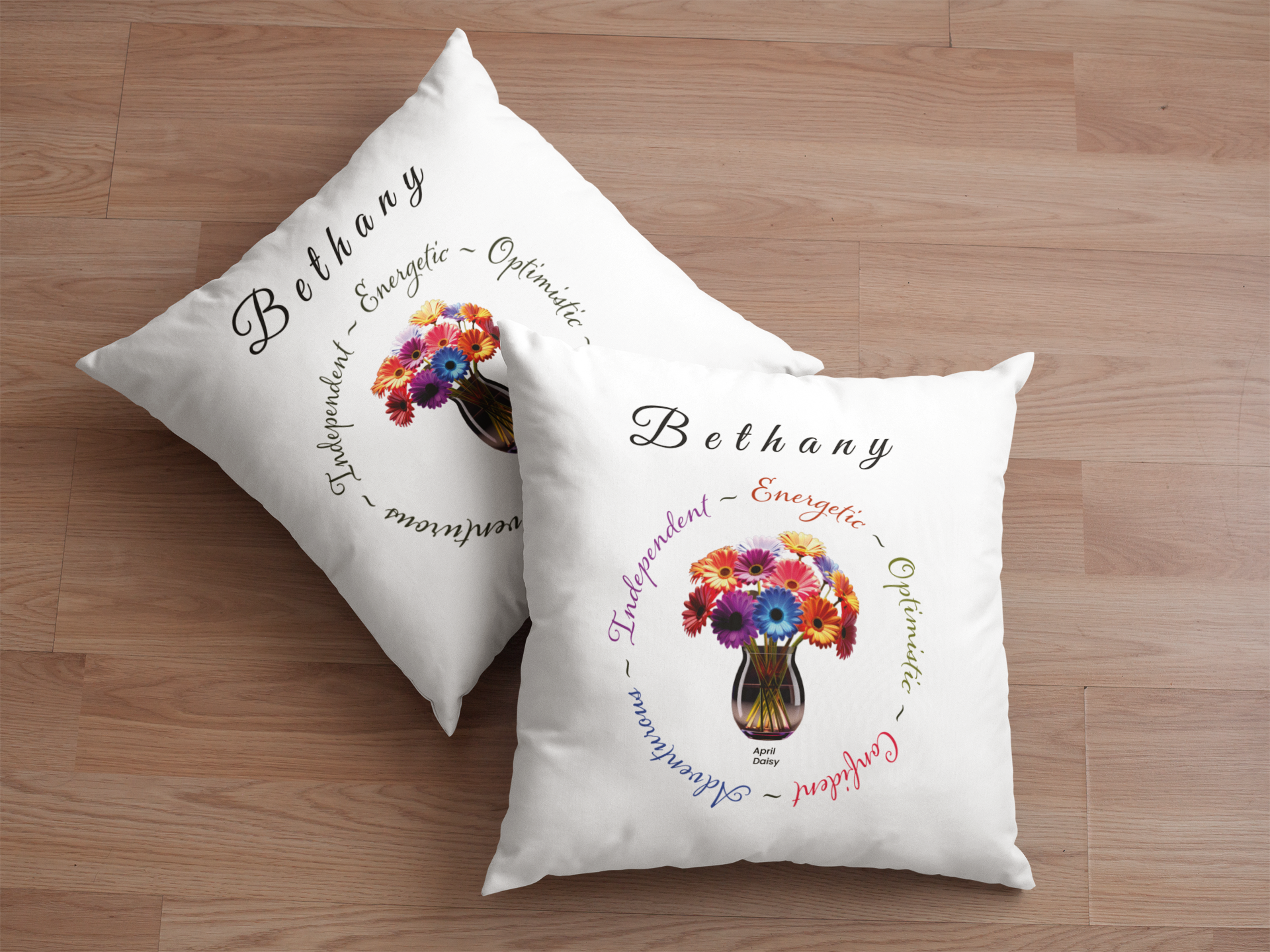April Birth Flower Cushion – Personalised Gerbera Daisy Gift (Soft & Bold Styles)