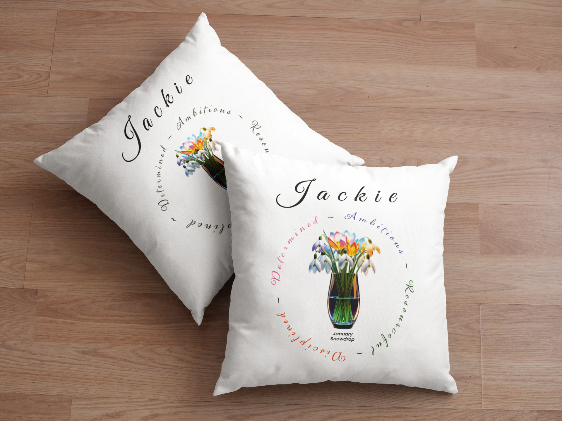 January Birth Flower Cushion – Personalised Snowdrop Gift (Soft & Bold Styles)