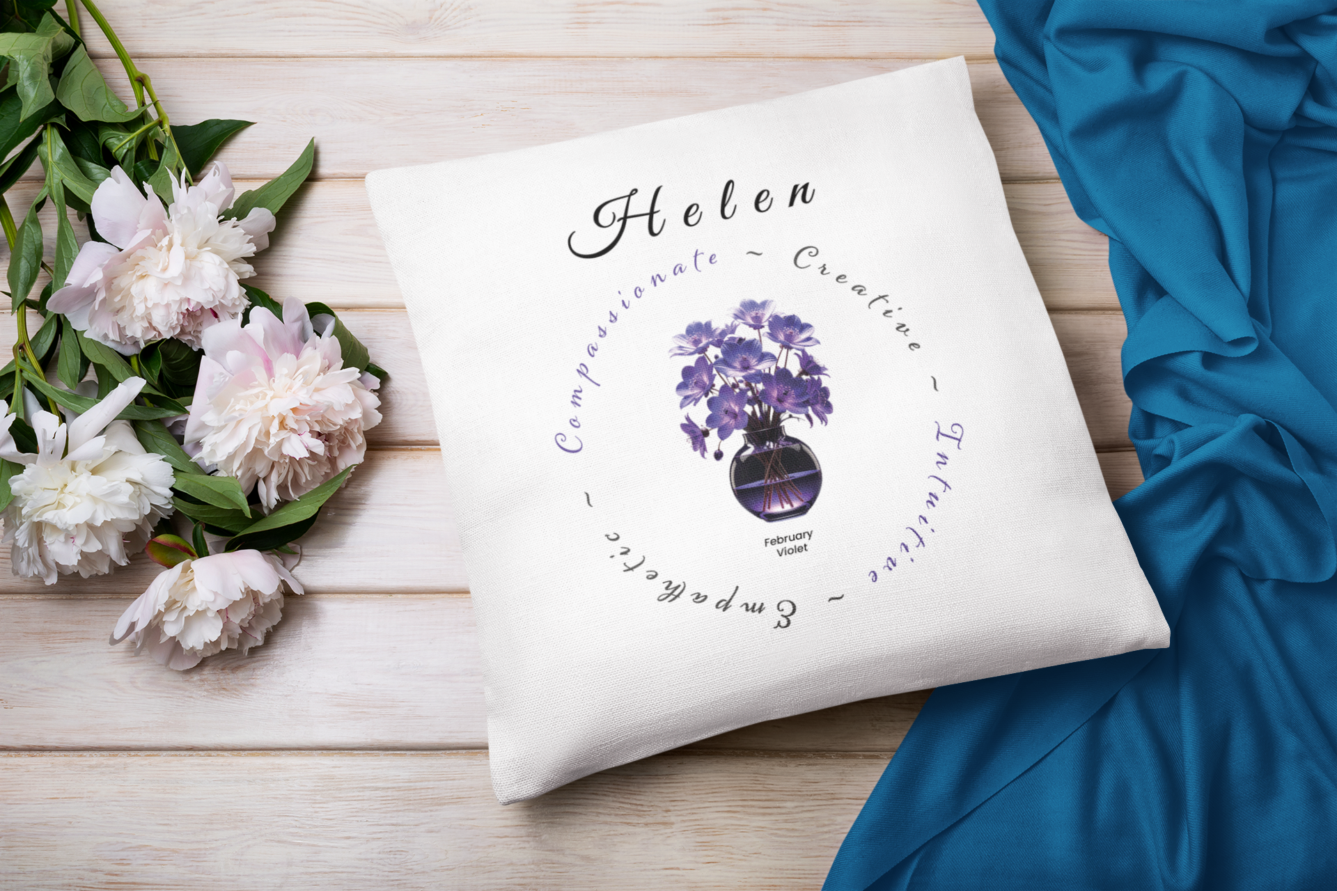 February Birth Flower Cushion – Personalised Violet Gift (Soft & Bold Styles)