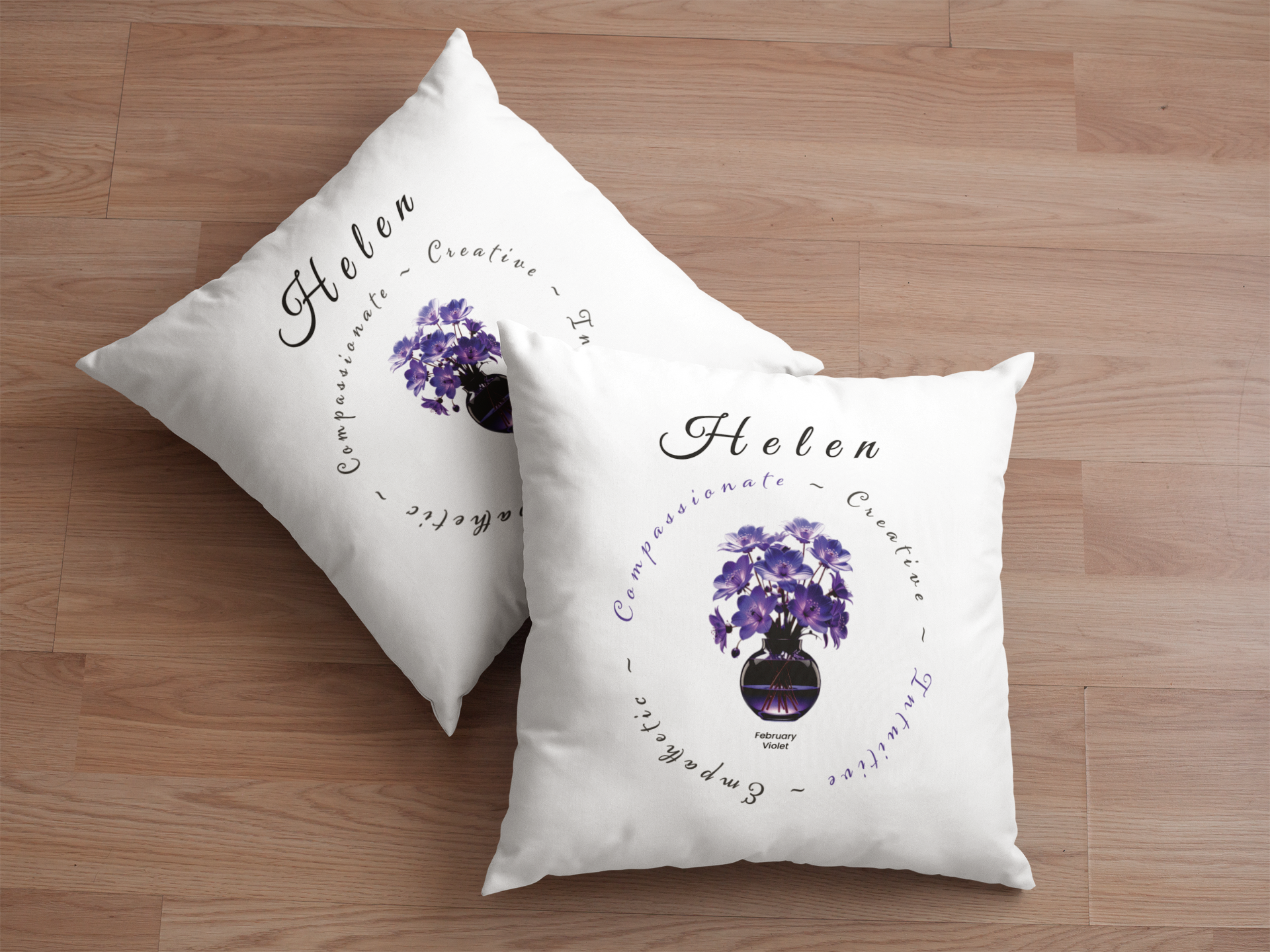 February Birth Flower Cushion – Personalised Violet Gift (Soft & Bold Styles)