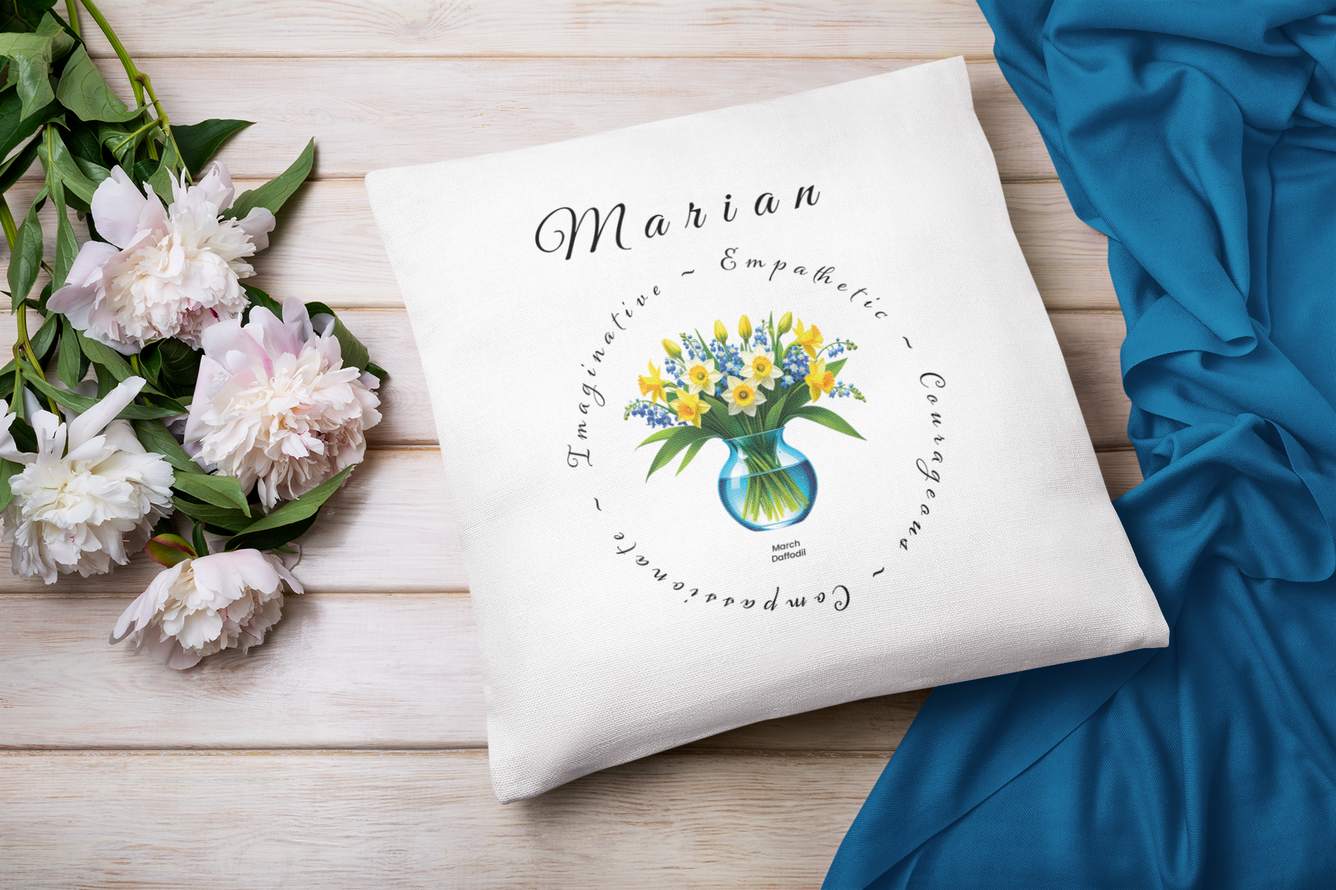 March Birth Flower Cushion – Personalised Daffodil Gift (Soft & Bold Styles)