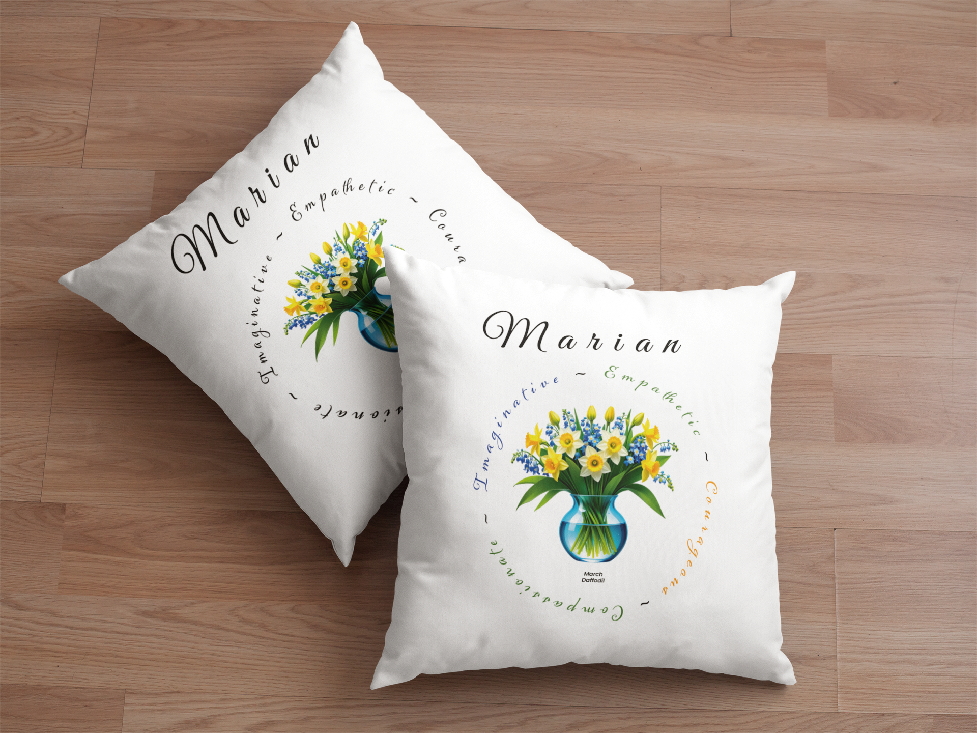 March Birth Flower Cushion – Personalised Daffodil Gift (Soft & Bold Styles)