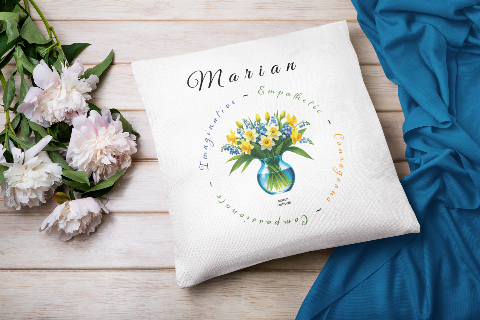 March Birth Flower Cushion – Personalised Daffodil Gift (Soft & Bold Styles)