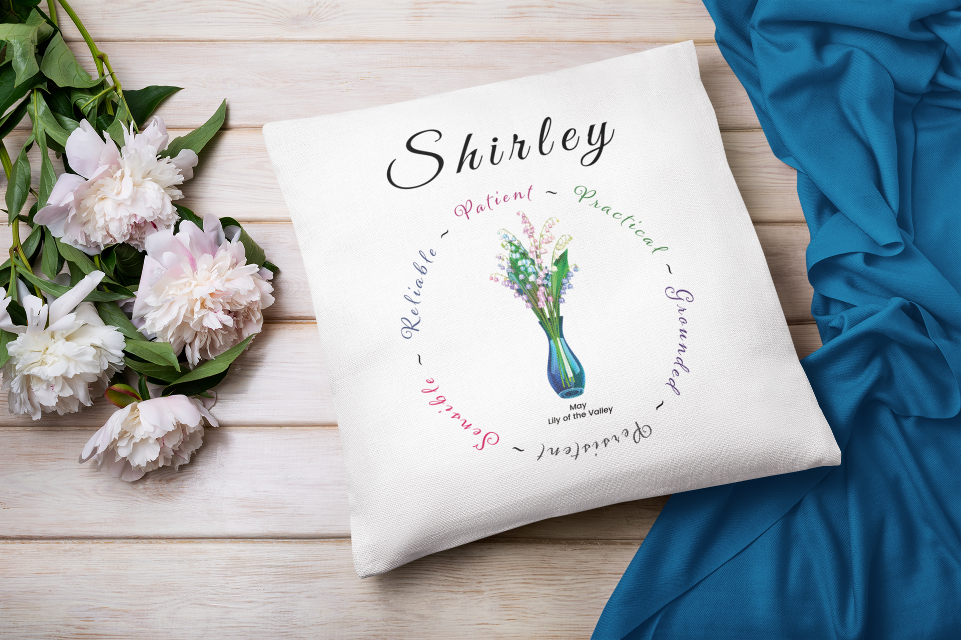 May Birth Flower Cushion – Personalised Lily of the Valley Gift (Soft & Bold Styles)
