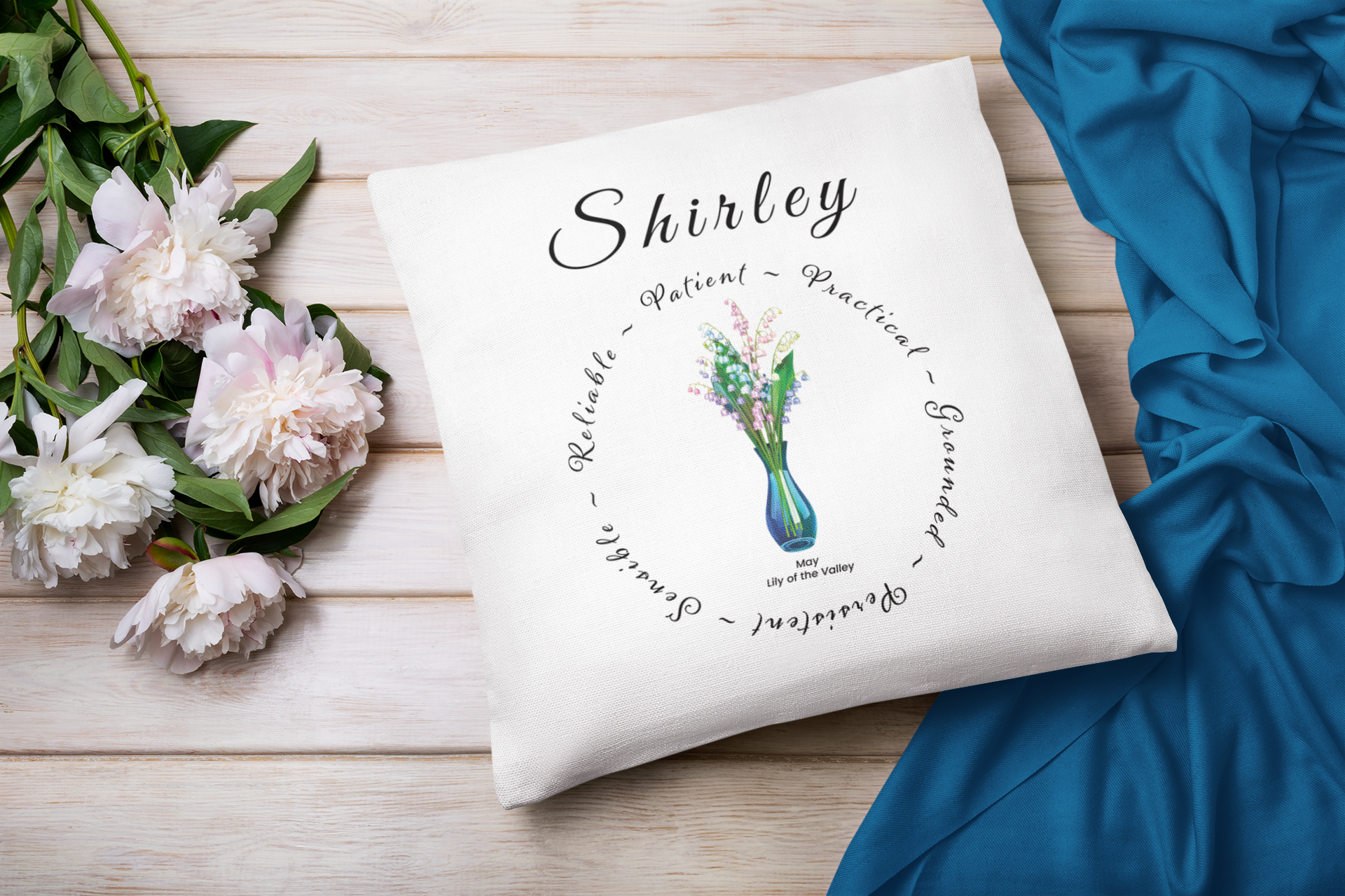May Birth Flower Cushion – Personalised Lily of the Valley Gift (Soft & Bold Styles)