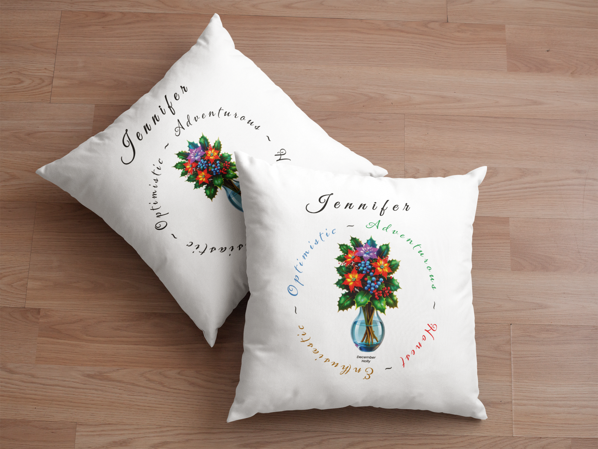 December Birth Flower Cushion – Personalised Holly Gift (Soft & Bold Styles)