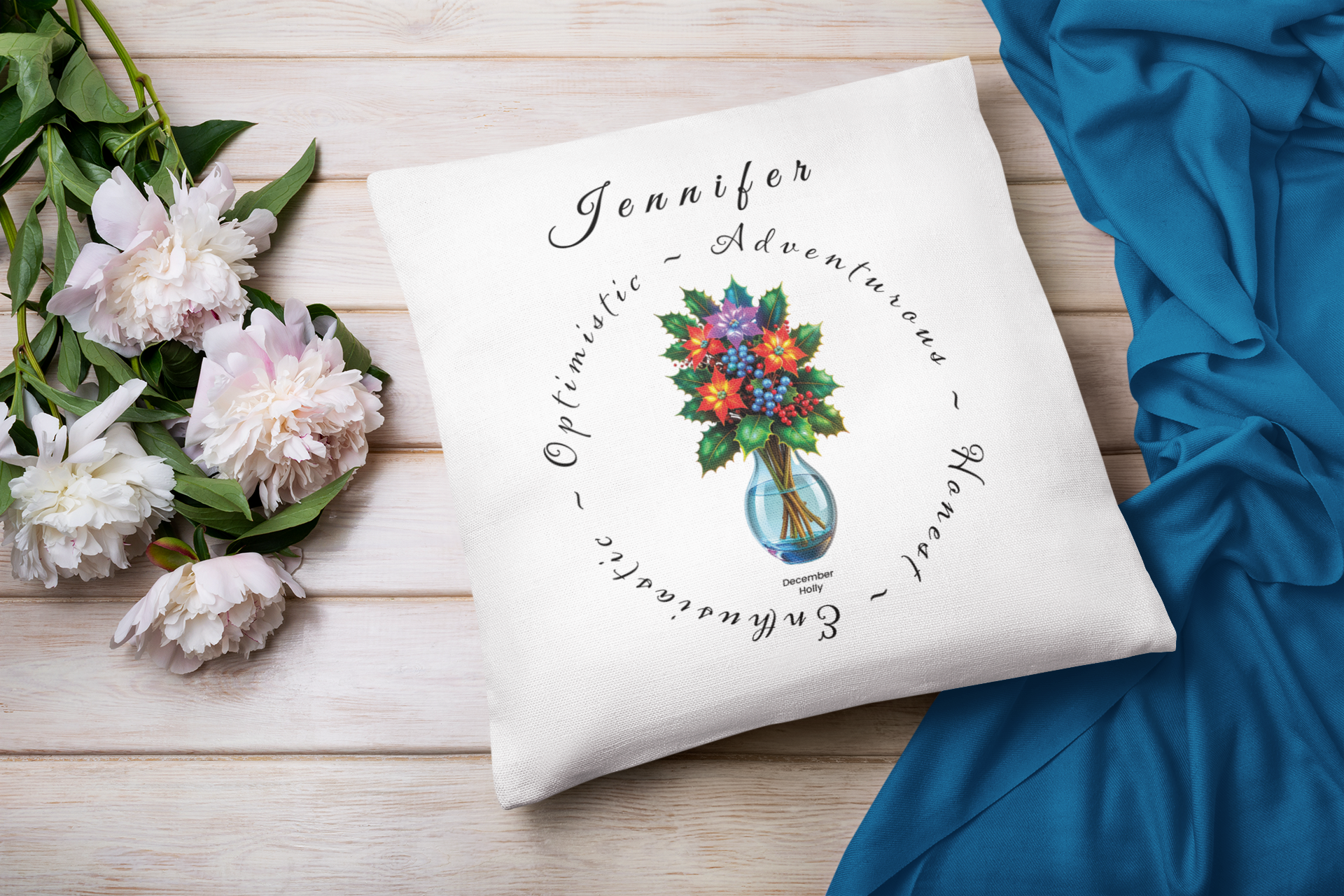 December Birth Flower Cushion – Personalised Holly Gift (Soft & Bold Styles)