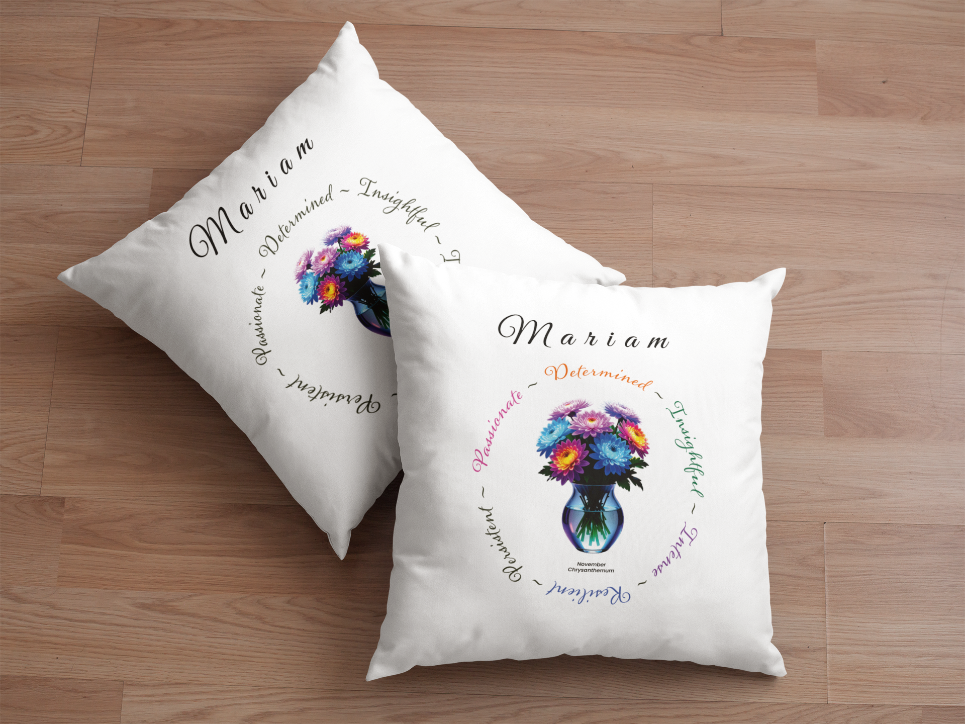 November Birth Flower Cushion – Personalised Chrysanthemum Gift (Soft & Bold Styles)