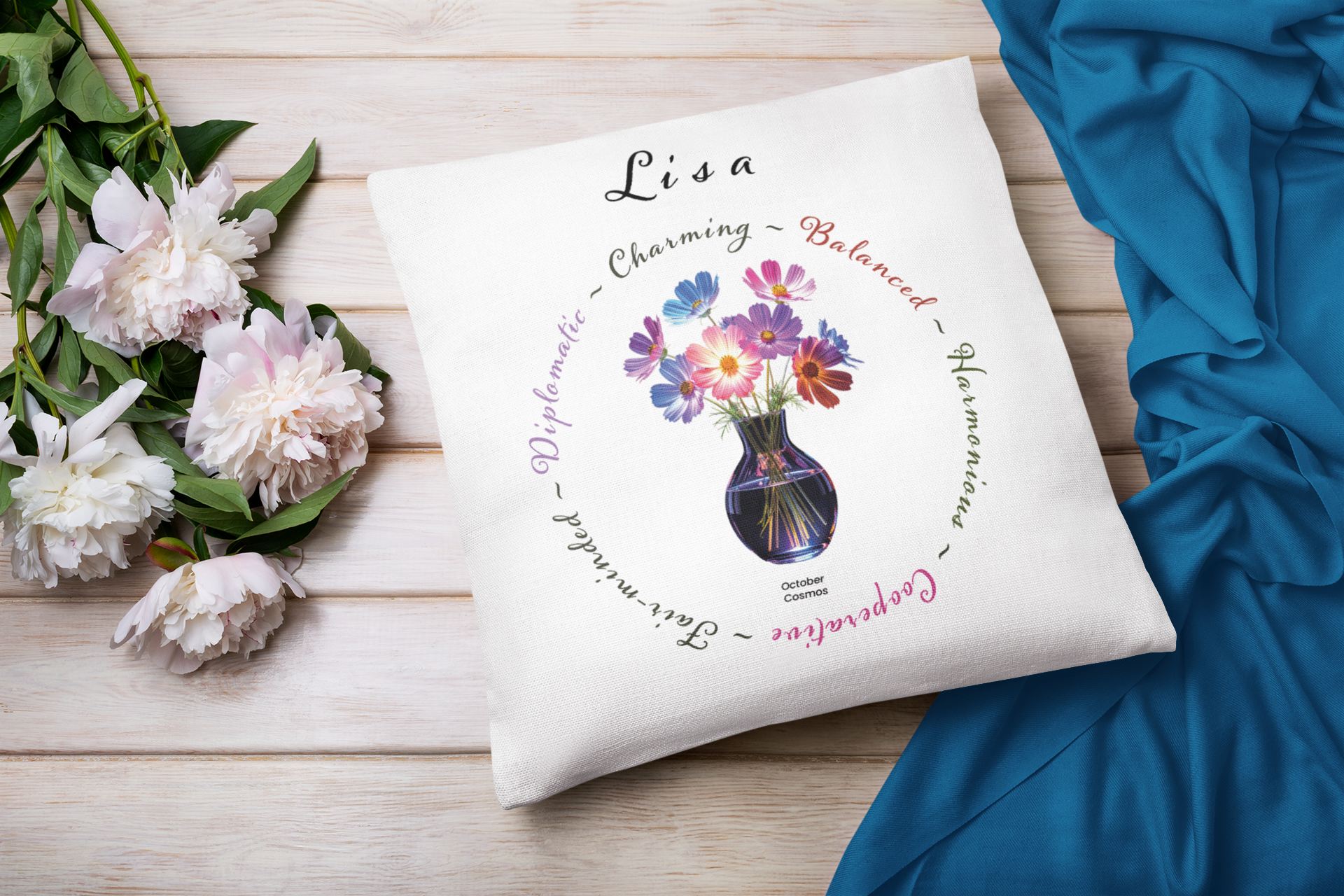 October Birth Flower Cushion – Personalised Cosmos Gift (Soft & Bold Styles)