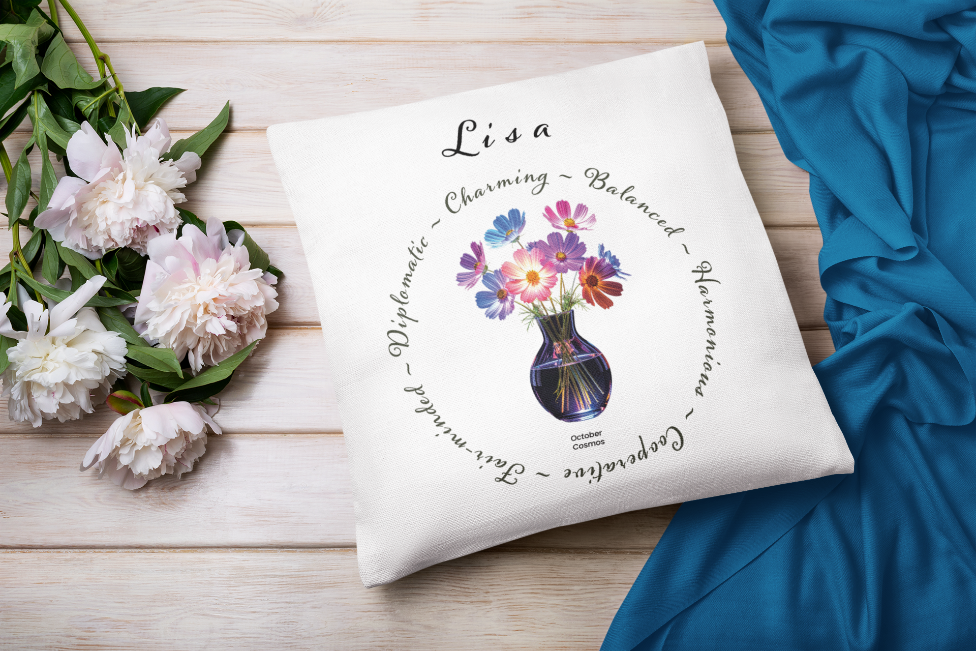 October Birth Flower Cushion – Personalised Cosmos Gift (Soft & Bold Styles)