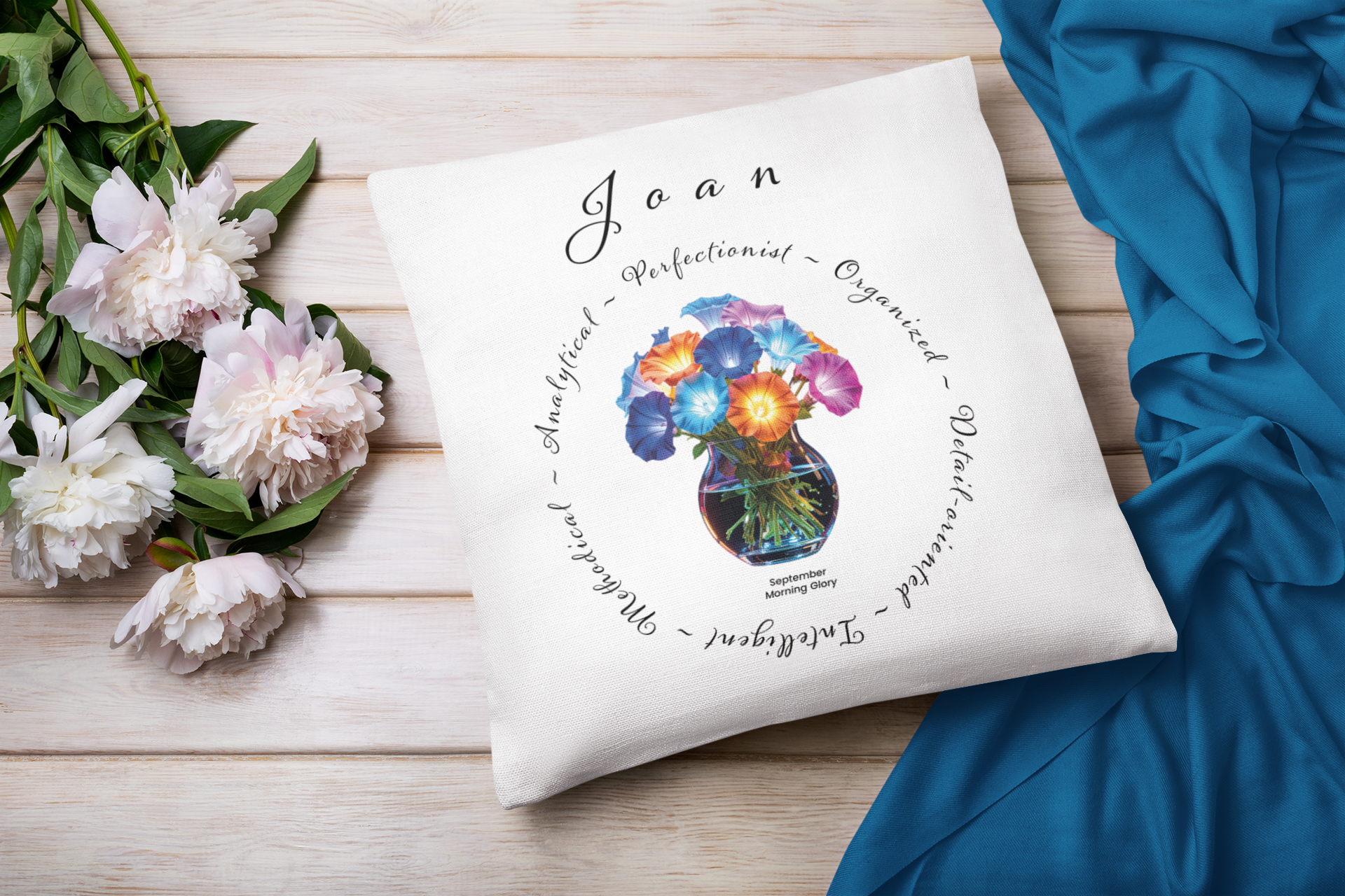 September Birth Flower Cushion – Personalised Morning Glory Gift (Soft & Bold Styles)