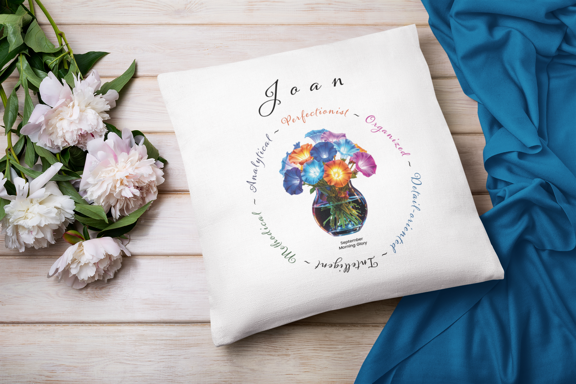 September Birth Flower Cushion – Personalised Morning Glory Gift (Soft & Bold Styles)