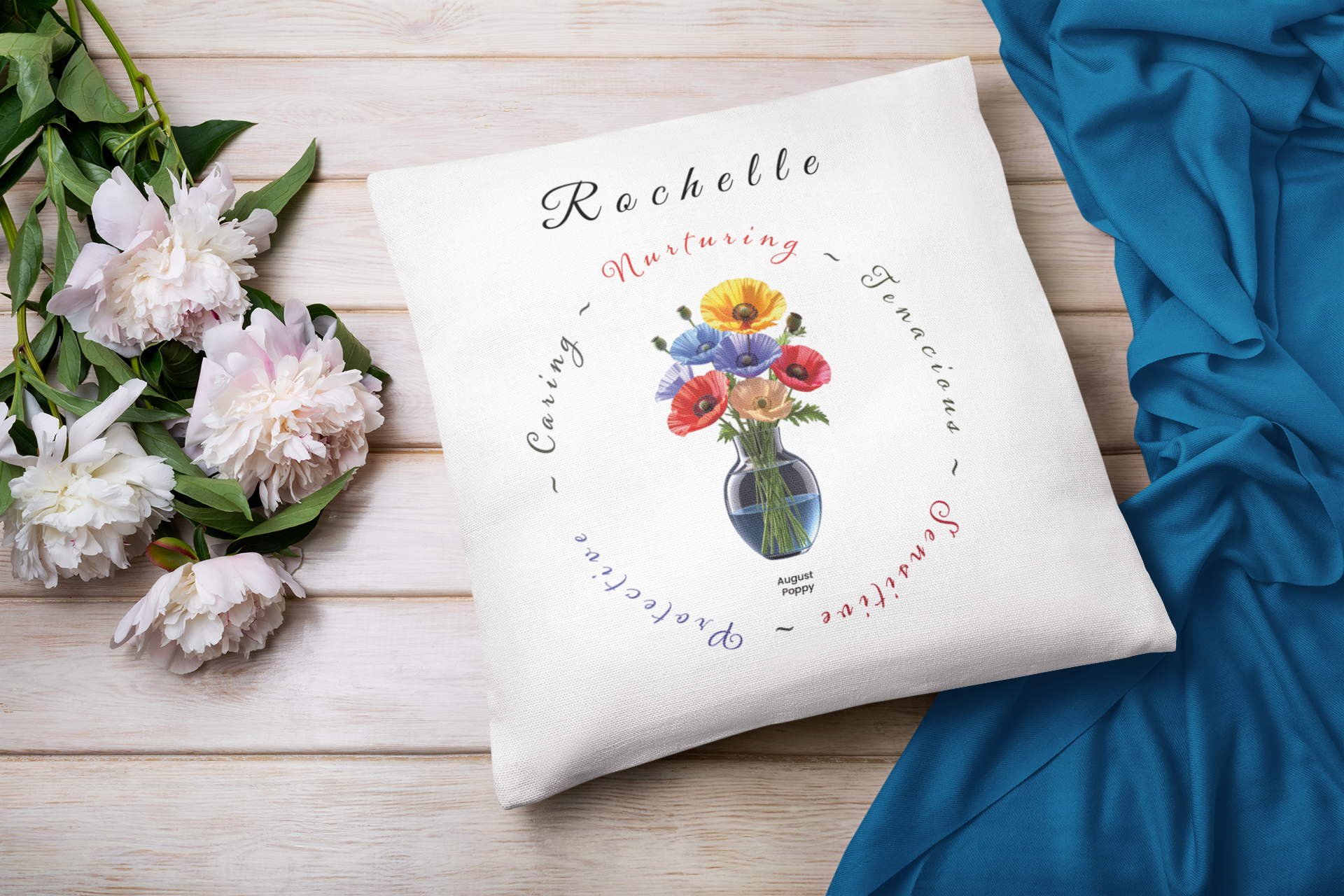August Birth Flower Cushion – Personalised Poppy Gift (Soft & Bold Styles)