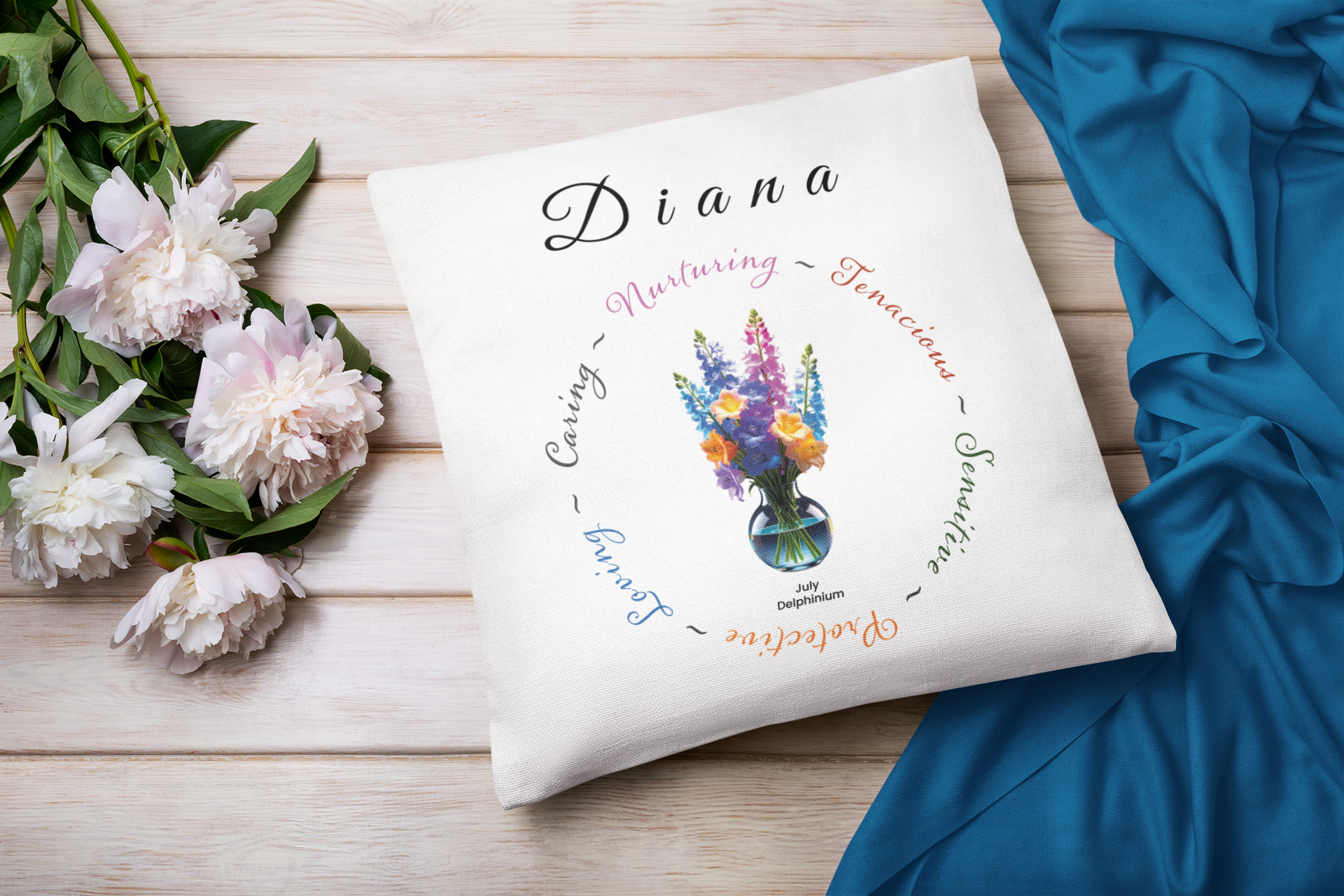 July Birth Flower Cushion – Personalised Delphinium Gift (Soft & Bold Styles)