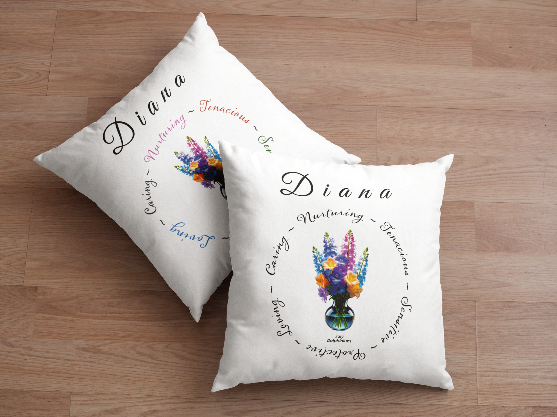 July Birth Flower Cushion – Personalised Delphinium Gift (Soft & Bold Styles)