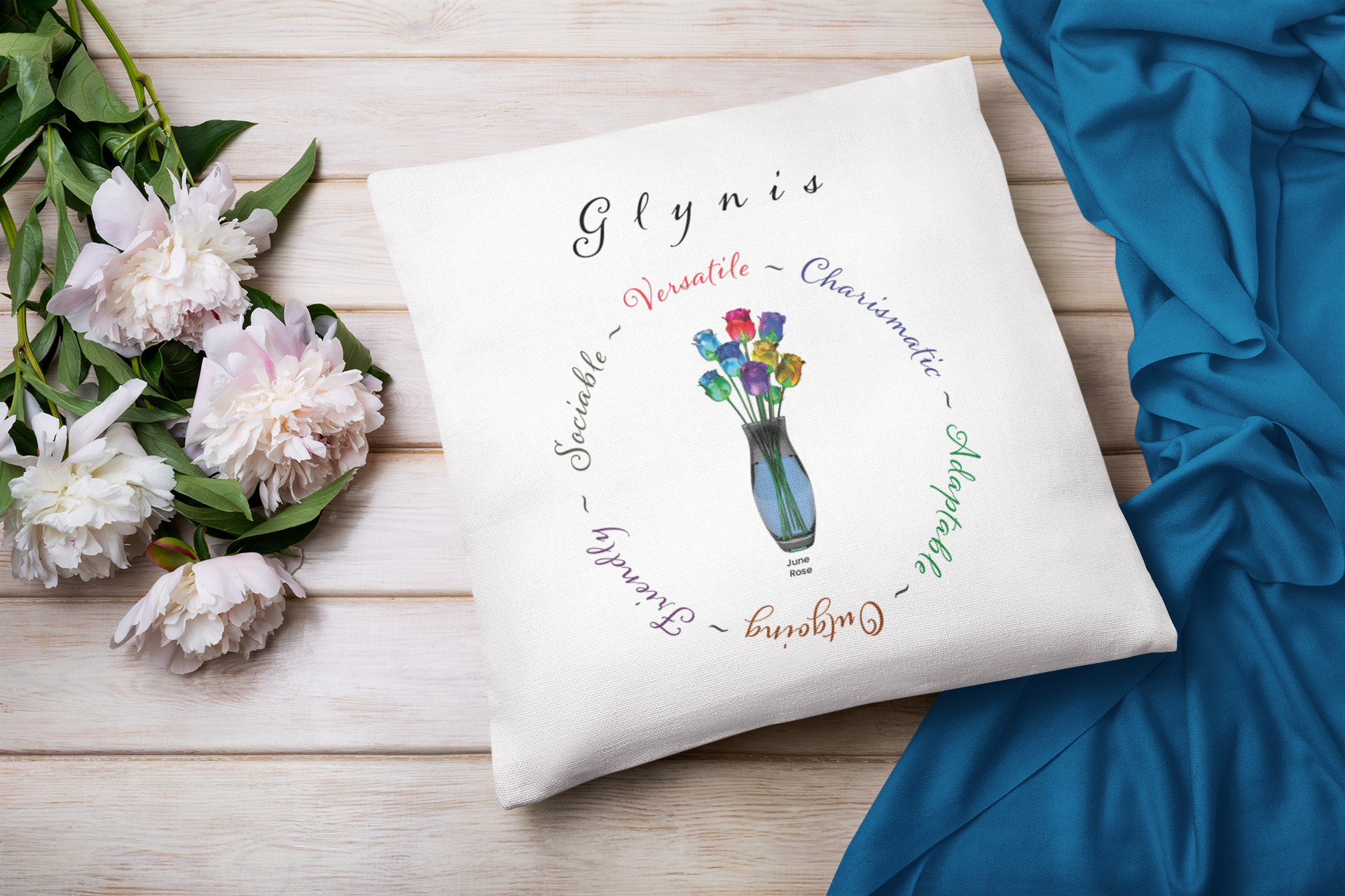 June Birth Flower Cushion – Personalised Rose Gift (Soft & Bold Styles)