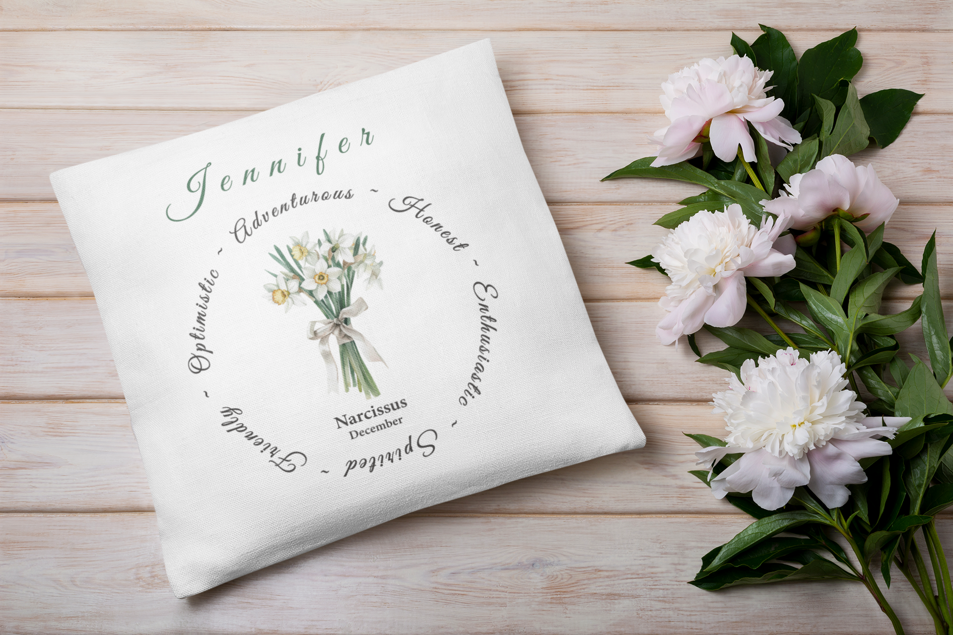 Personalised Decemebr Birth Flower Cushion – Narcissus Printed Design – Custom Name Gift UK