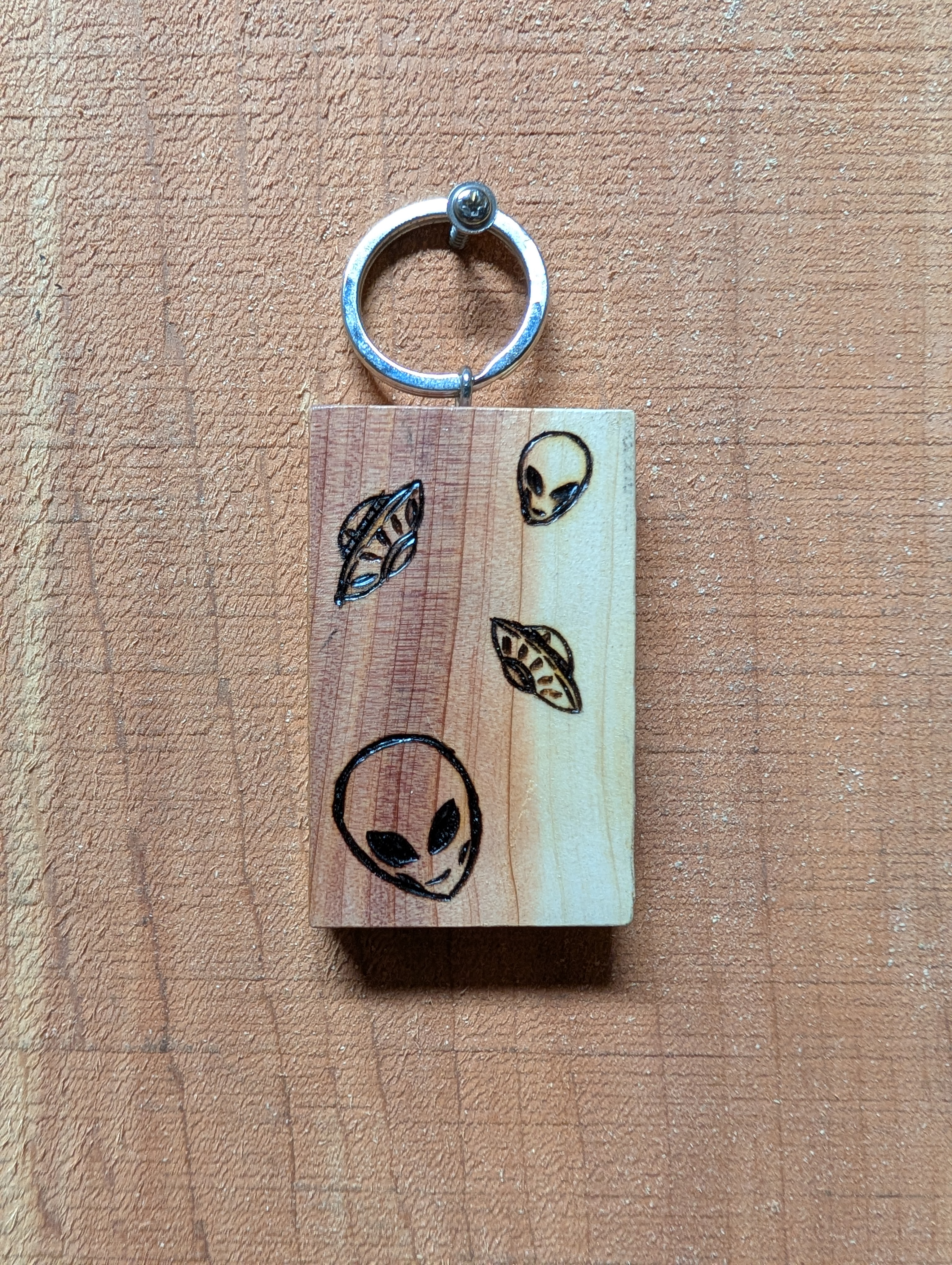 Double Sided Cedar Alien Keychain