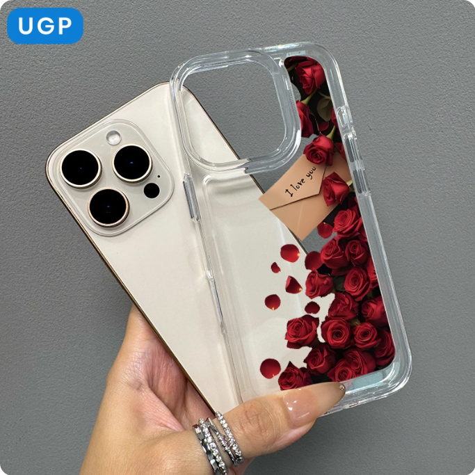 Coque de téléphone transparente avec roses et message