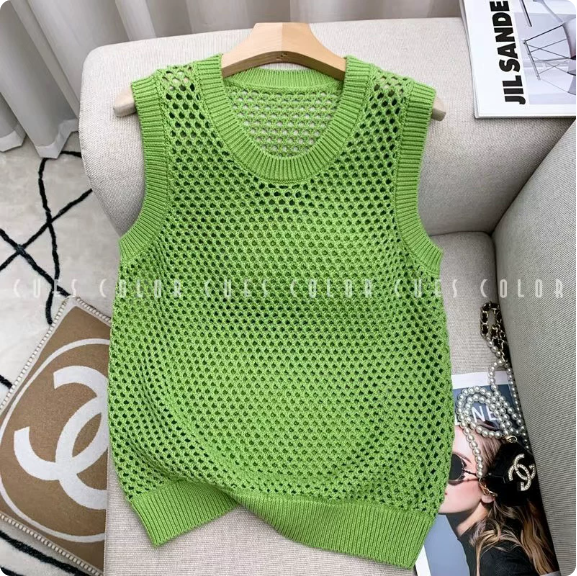 Pull sans manches maille ajourée vert