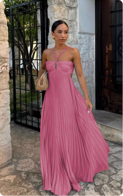 Robe longue plissée rose