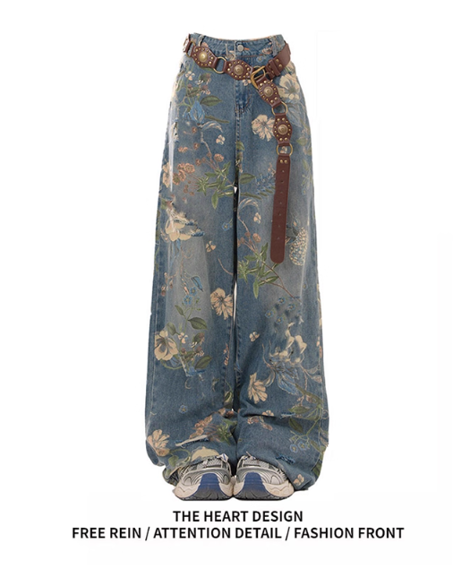 Pantalon large en jean à motifs floraux