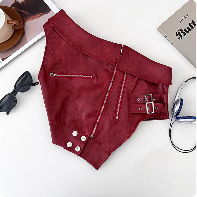 Design sense niche mode PU cuir épaules dénudées irrégulière