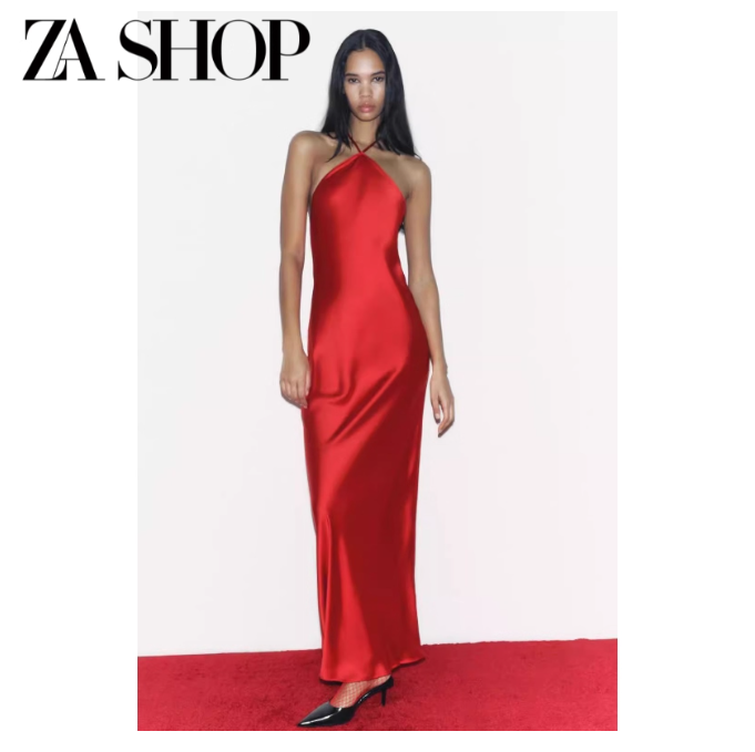 Robe longue satinée rouge