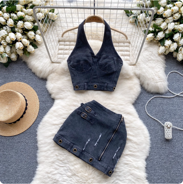 Ensemble jupe et haut en denim noir
