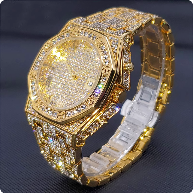 Montre de luxe dorée à strass