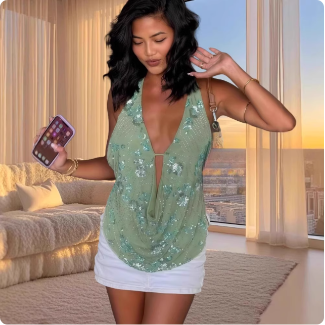 Top dos-nu vert à sequins