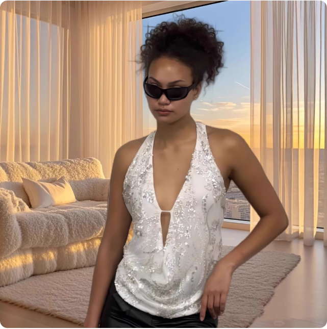 Top dos-nu vert à sequins