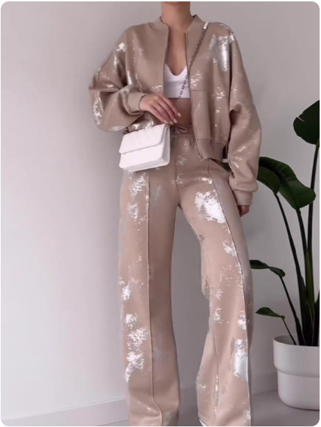 Ensemble décontracté beige à motif argenté