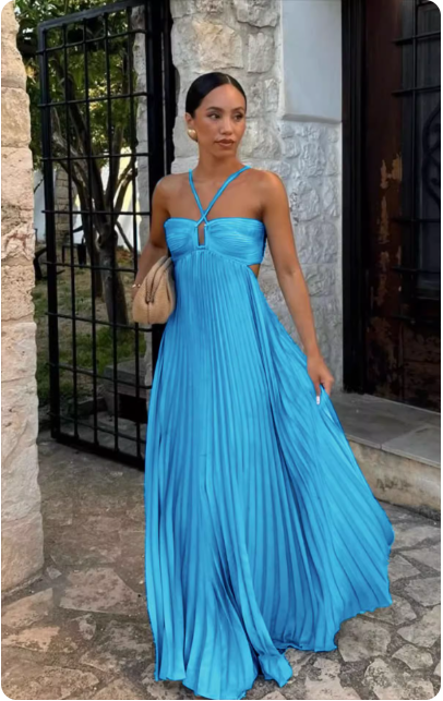Robe longue plissée rose