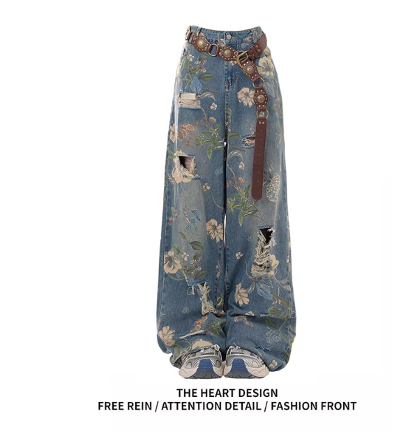 Pantalon large en jean à motifs floraux