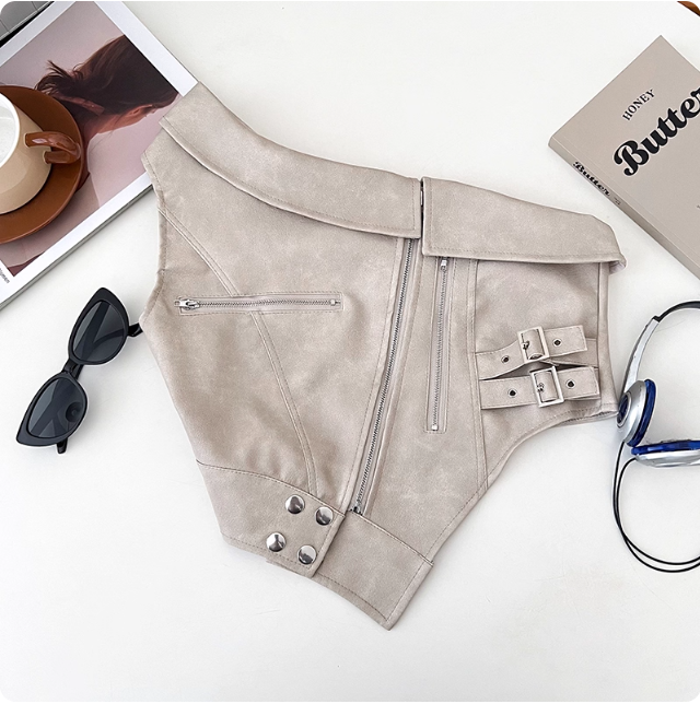 Design sense niche mode PU cuir épaules dénudées irrégulière