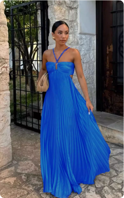 Robe longue plissée rose