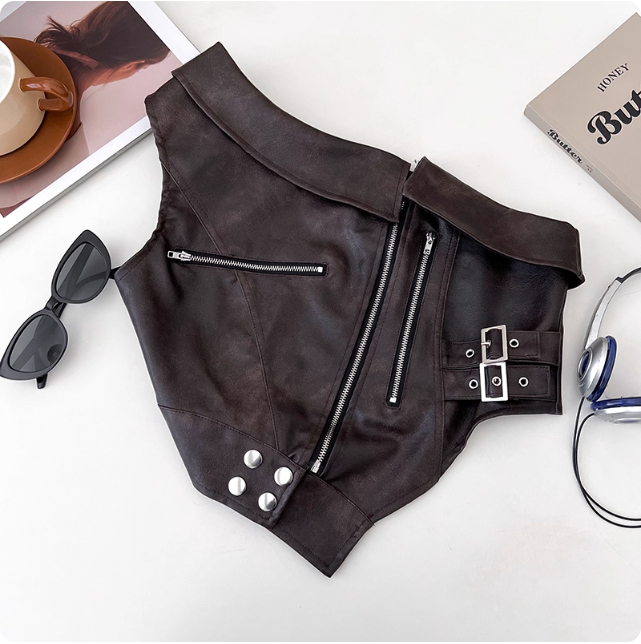 Design sense niche mode PU cuir épaules dénudées irrégulière