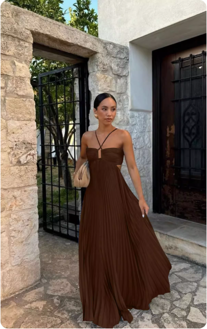 Robe longue plissée rose