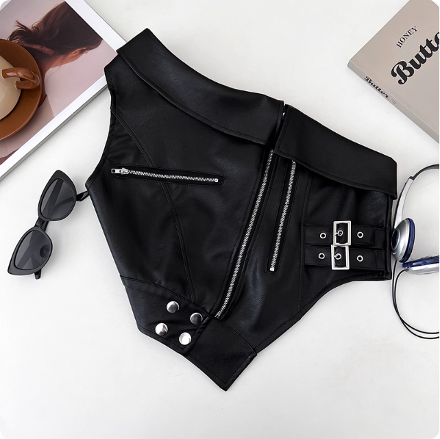 Design sense niche mode PU cuir épaules dénudées irrégulière